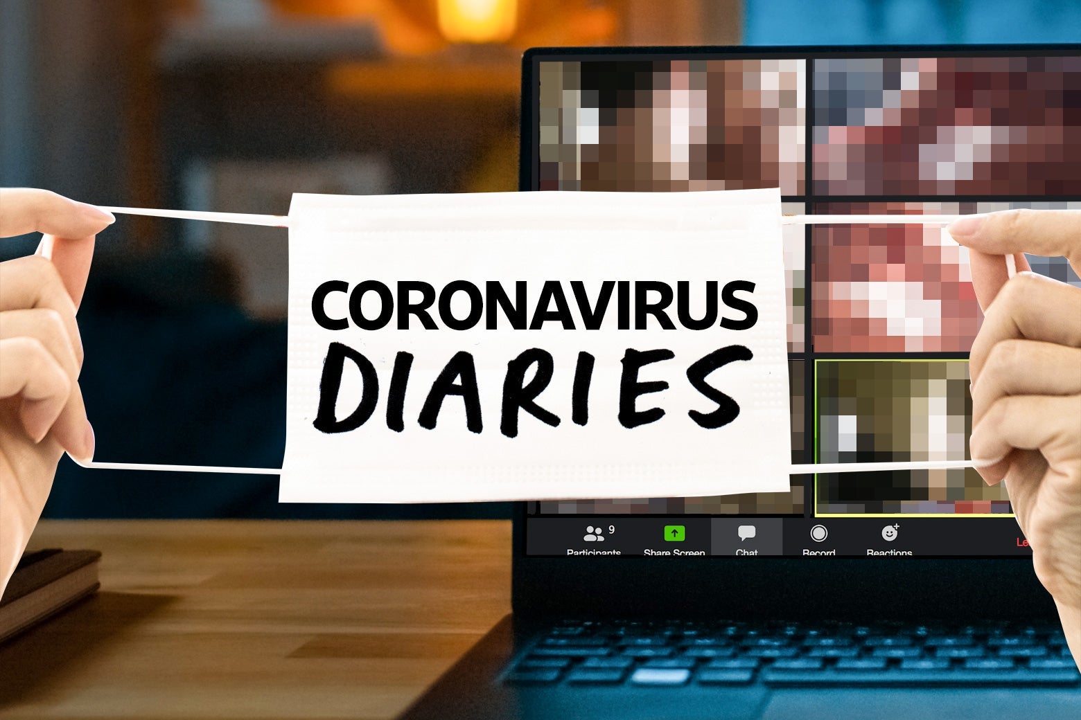 A computer with a blurred-out Zoom browser window and a banner that reads Coronavirus Diaries.