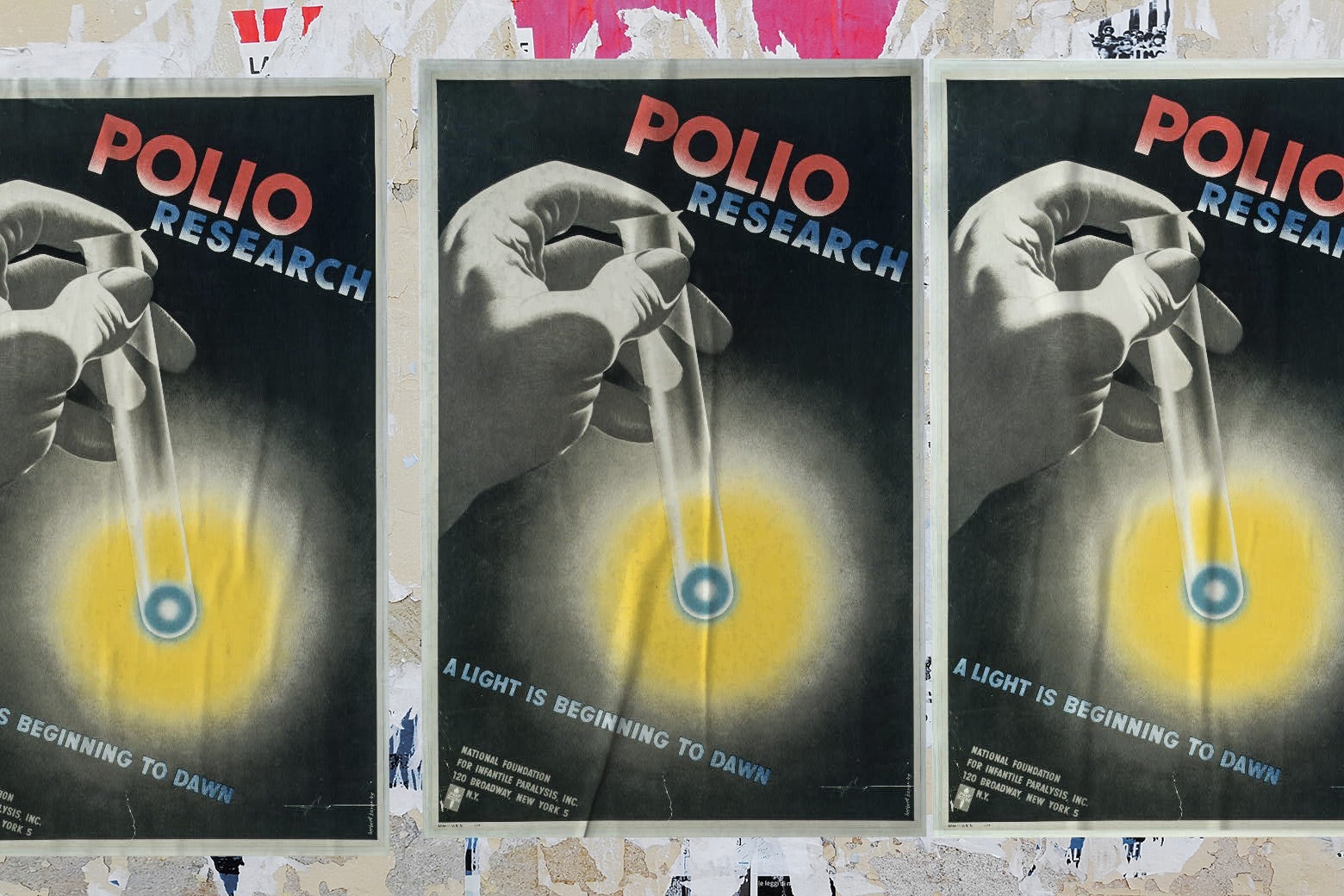 Posters that say, "Polio research. A light is beginning to dawn.
