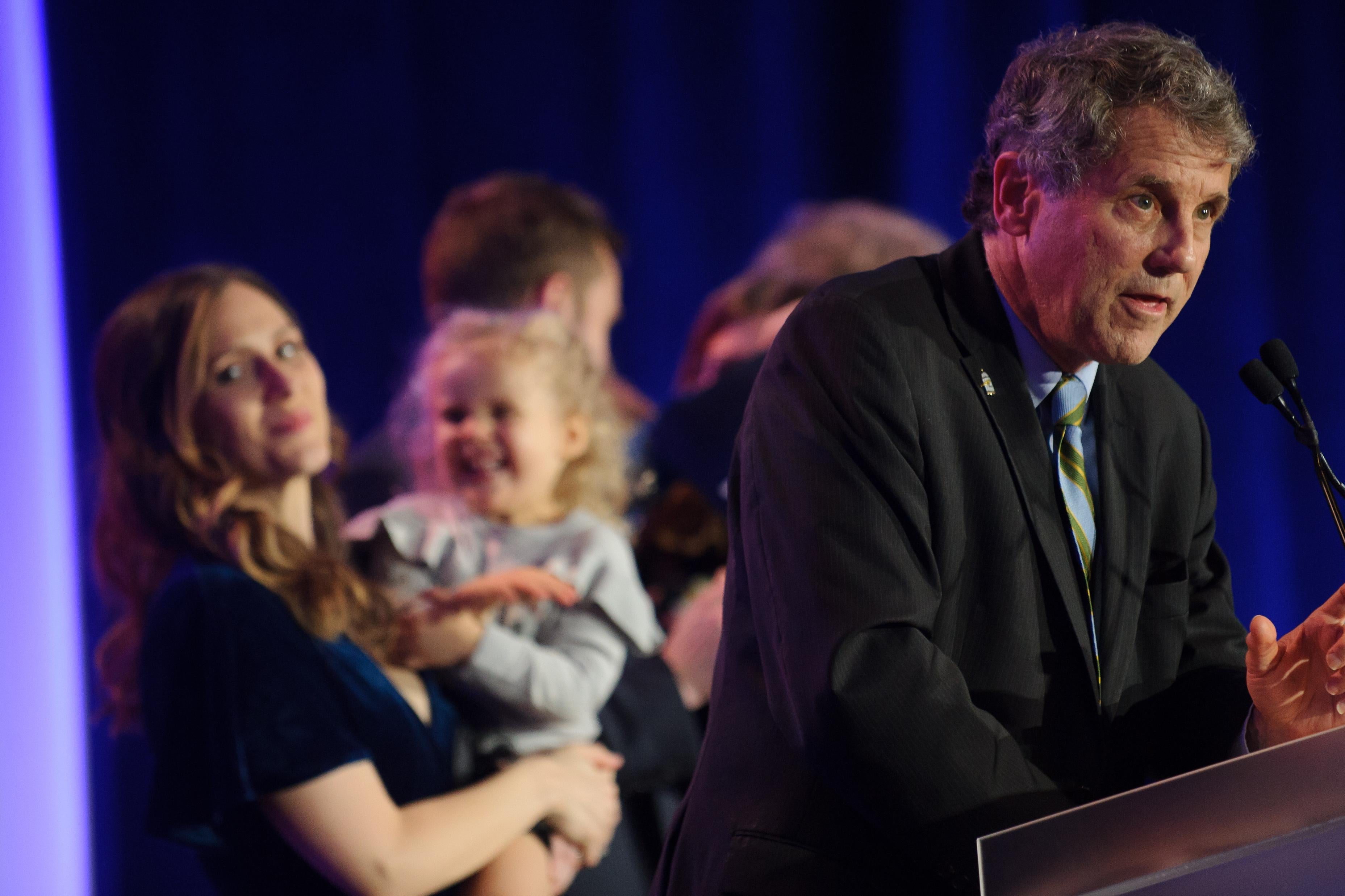 U.S. Sen. Sherrod Brown celebrates his campaign victory with his family at the Hyatt Regency on Nov. 6 in Columbus, Ohio.
