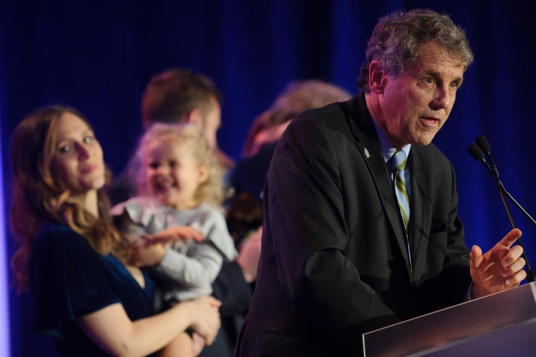 U.S. Sen. Sherrod Brown celebrates his campaign victory with his family at the Hyatt Regency on Nov. 6 in Columbus, Ohio.