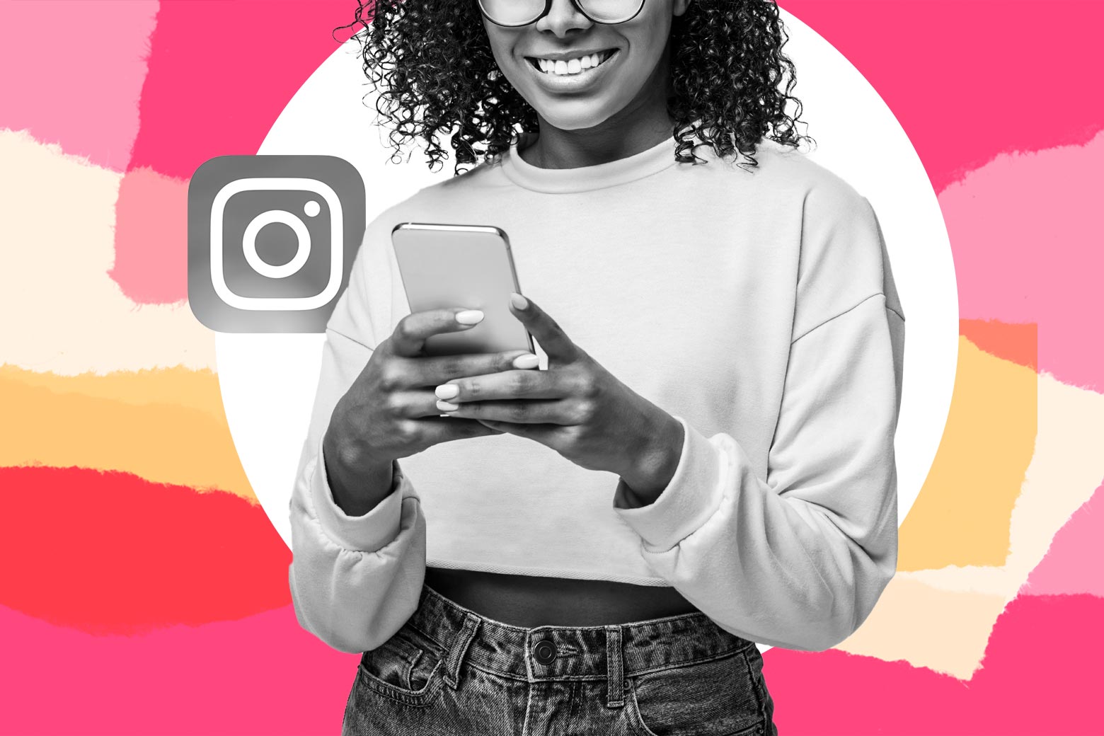 A girl holds a phone. The Instagram logo appears behind her.