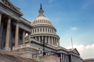 The U.S. Capitol building seen from below.