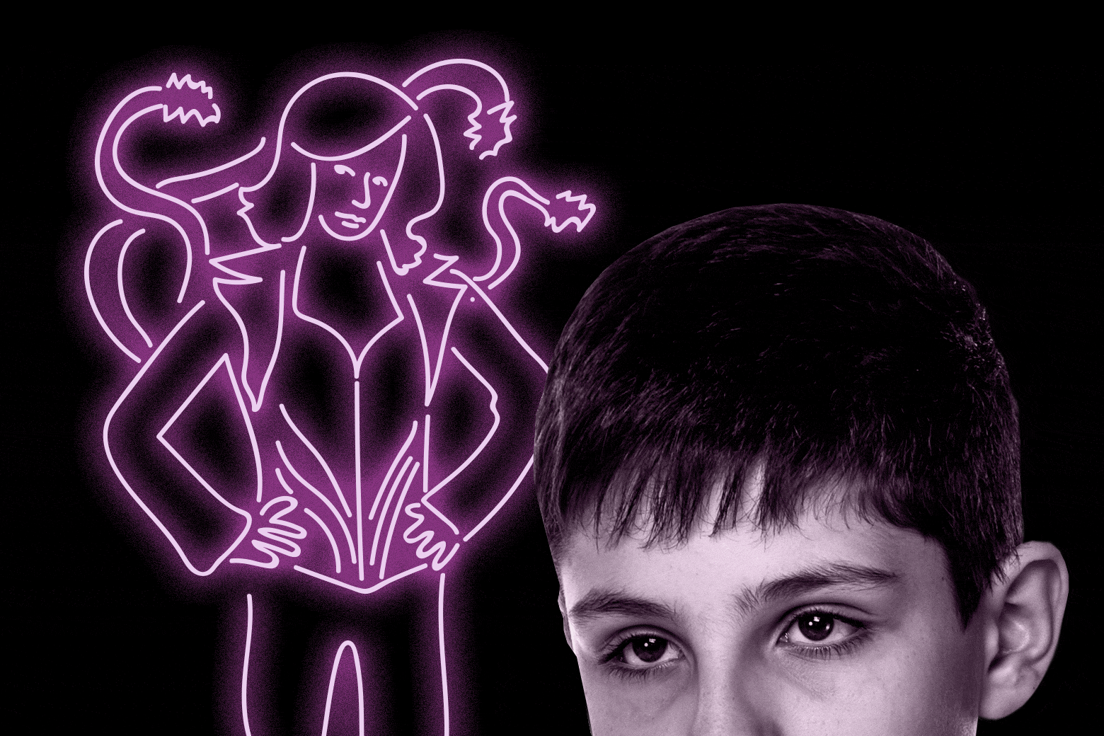 Photo illustration of the top of a 12-year-old boy's head and neon of Lara Flynn Boyle's character from Men In Black. 
