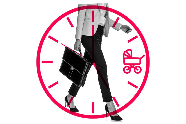 A woman carrying a briefcase walks with an illustrated clock layered over her.