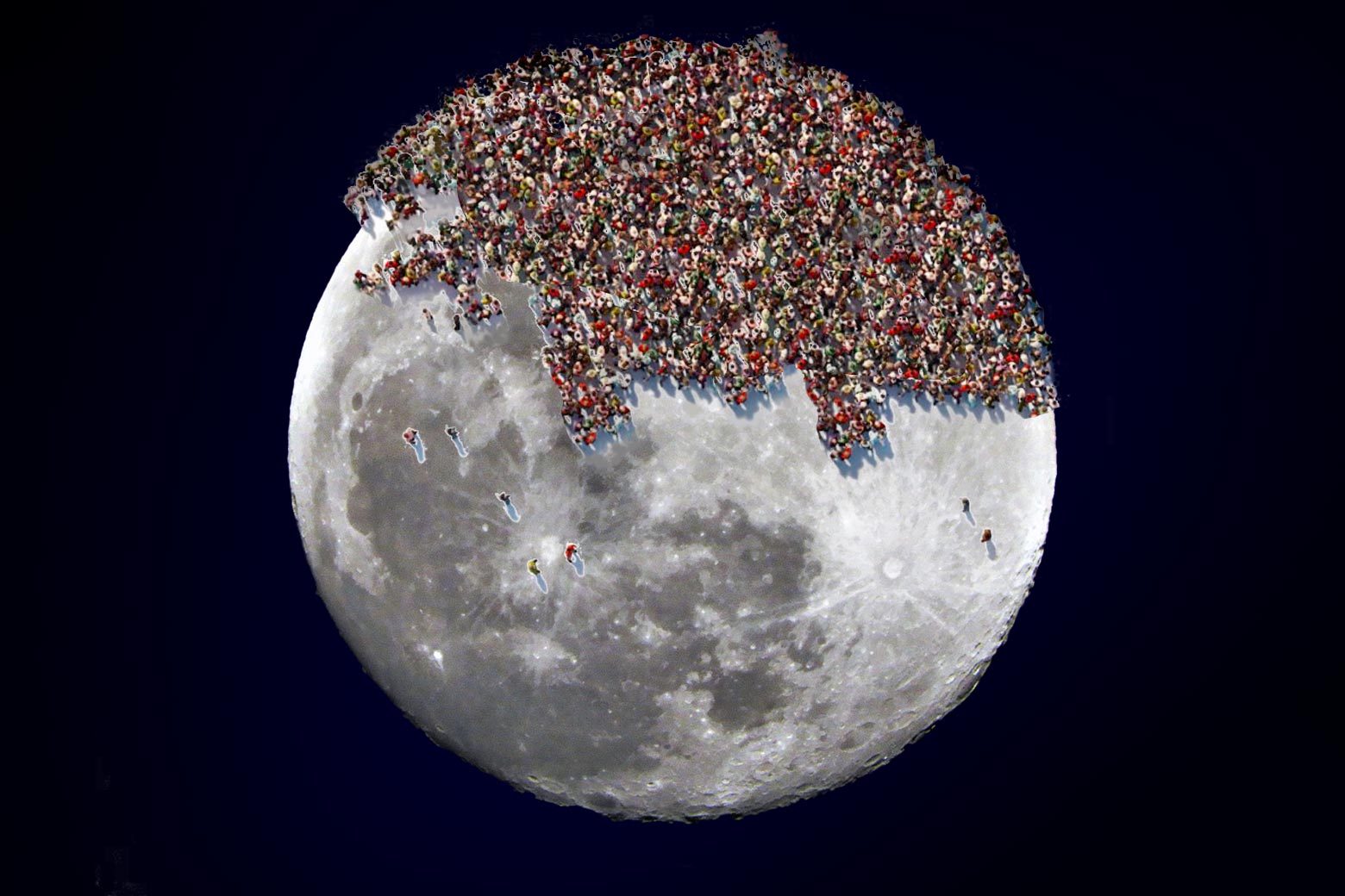 A photo of the moon, overlaid with tiny flags crowding its surface.