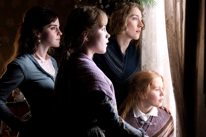 Emma Watson as Meg, Florence Pugh as Amy, Saoirse Ronan as Jo, and Eliza Scanlen as Beth, all looking out a window together.