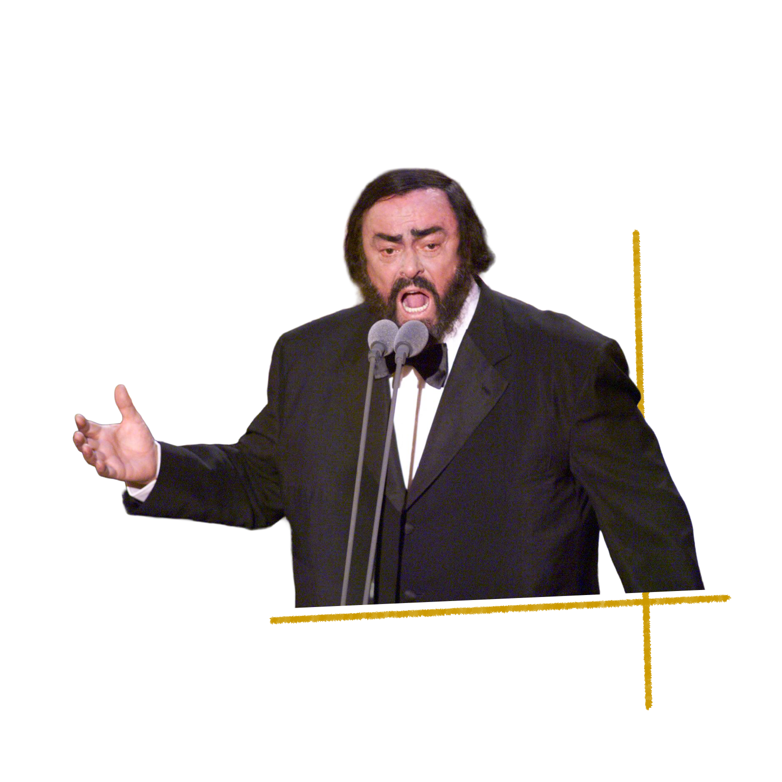Pavarotti sings into a microphone.