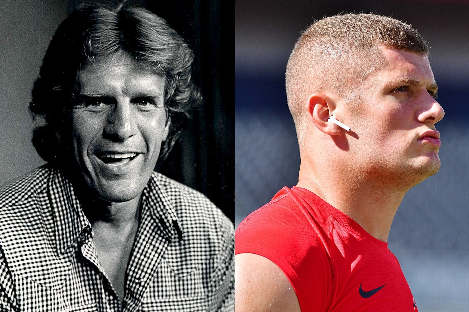 Left: Archival photo of Dave Kopay smiling in the 1970s. Right: Carl Nassib in profile, looking straight-faced with an earbud in his ear.