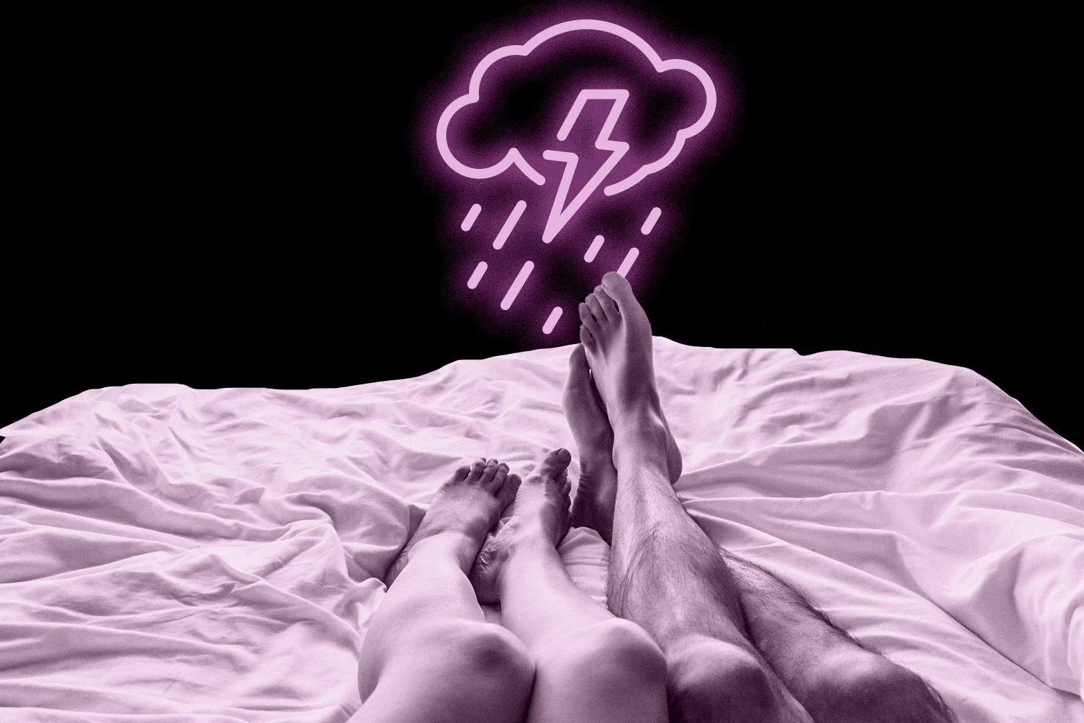 Two people in bed with a storm cloud floating in front of the bed.