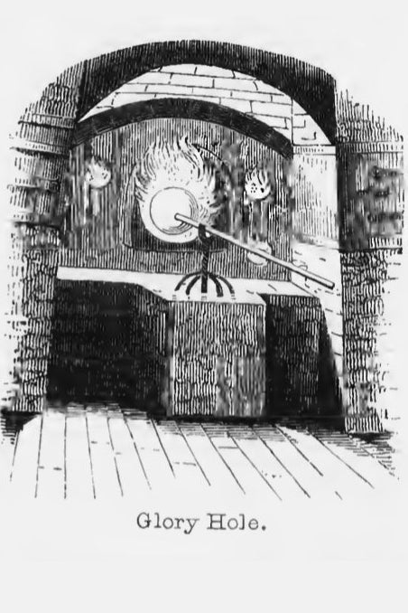 Woodcut print of a glass furnace glory hole