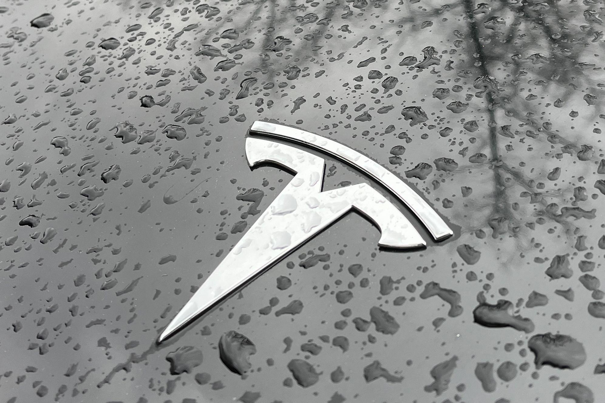 Raindrops are seen next to the Tesla logo on the hood of a Tesla.