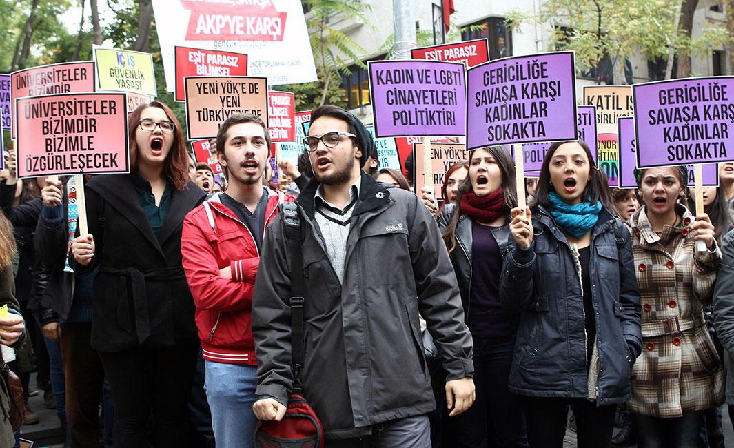 Turkish students protest the policies of the government and the Council of Higher Education during a rally in Ankara on Nov. 9, 2014. Signs read: “Universities belong to the students and they will be free with us” and “Women take to the streets against reactionaries and war”