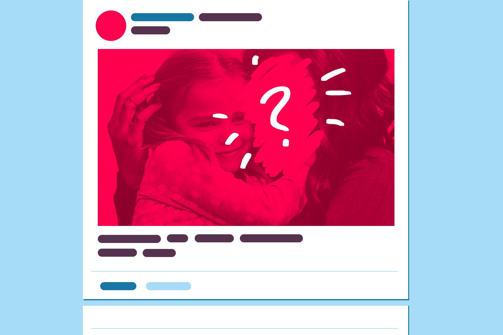 An illustration of a mock Facebook timeline featuring a photo of a child with the person besides her crossed out.