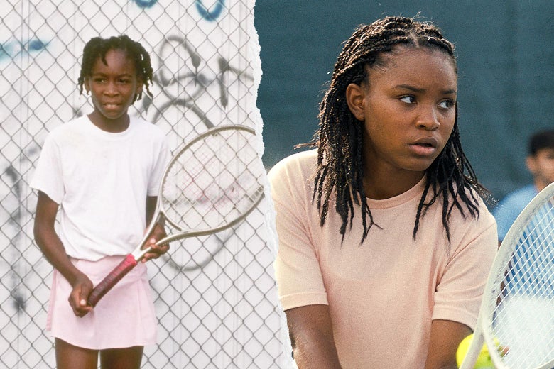 Both young girls wear braids and pink tennis outfits. The real-life Williams has a graffitoed wall behind her.