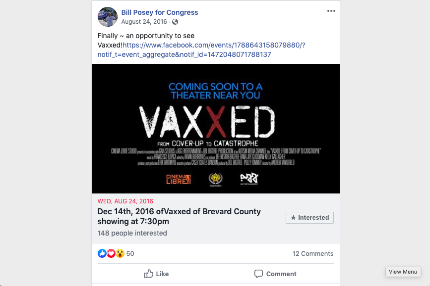 Rep. Posey promotes an anti-vaxx documentary. 