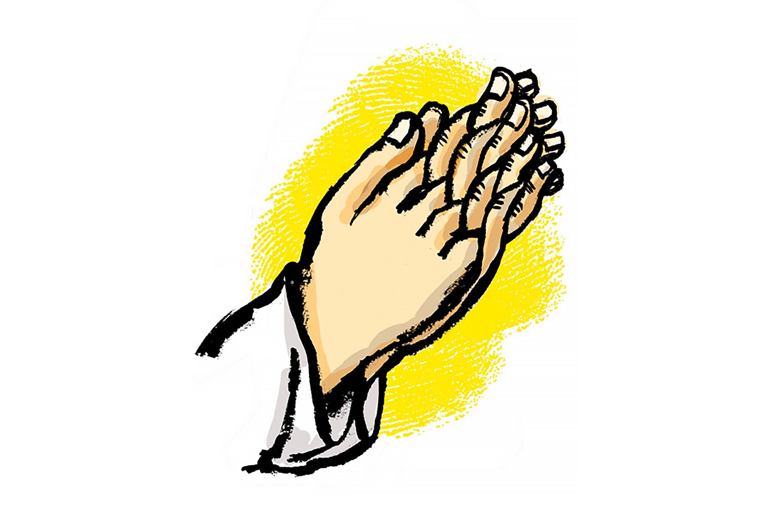 Hands together in prayer with fingers intertwined like threads.