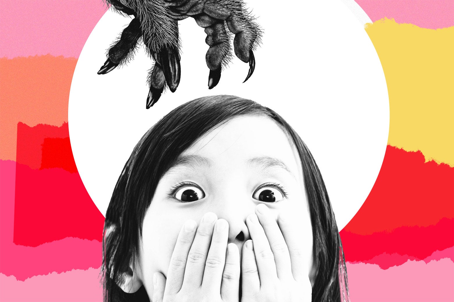 Photo illustration: A young girl covers her mouth with a scared expression in her eyes as a clawed hand reaches toward her hair.