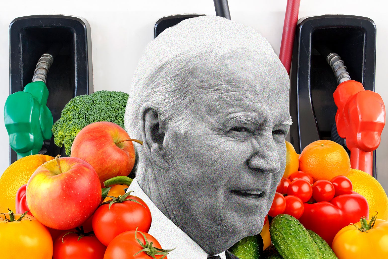 Joe Biden amongst a pile of fruits and vegetables with gas pumps in the background.