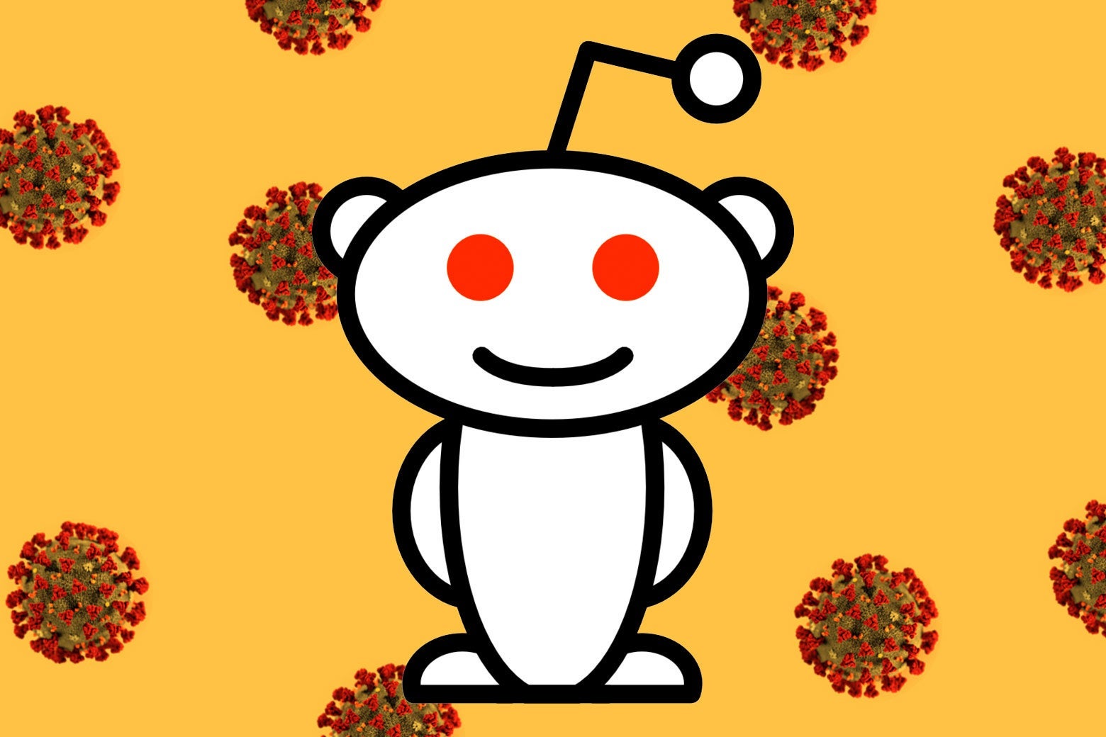 Reddit logo and 3D model of coronavirus.