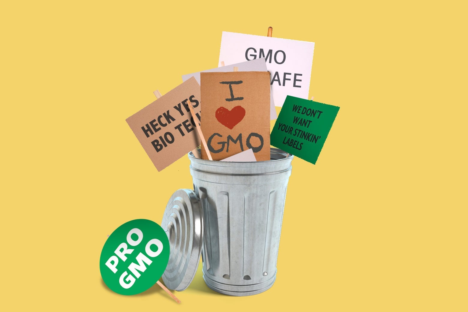 Pro-GMO signs are seen in a trash can.