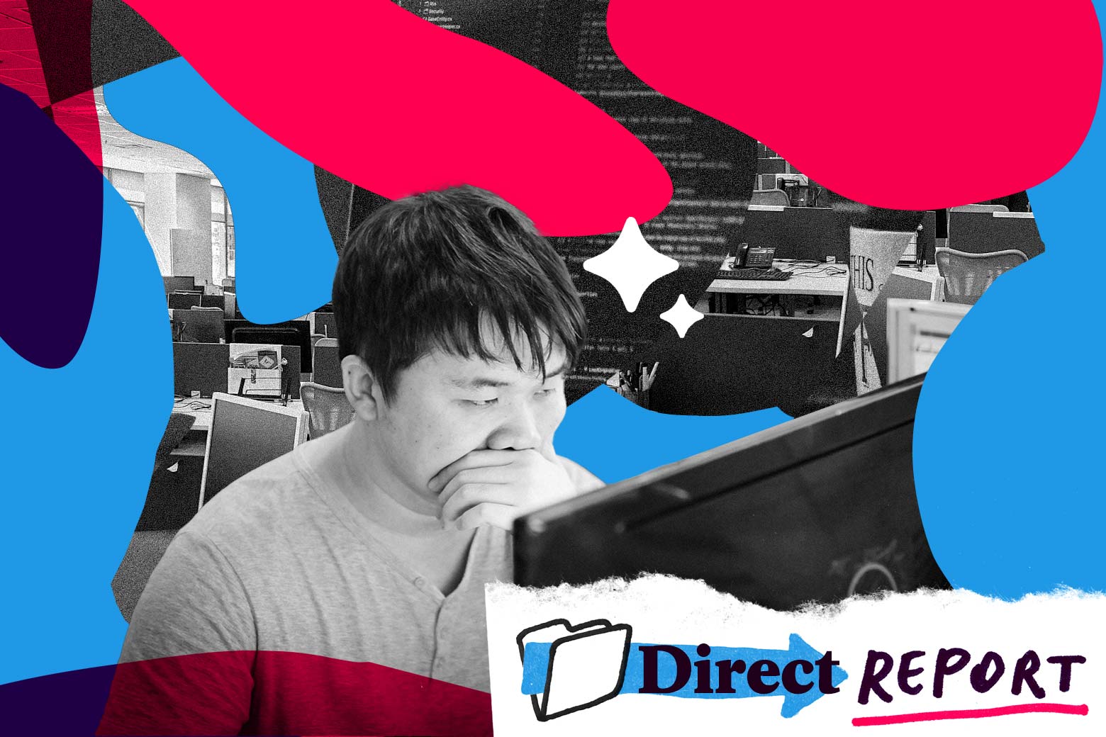 A man looks shocked reading something on a computer. 