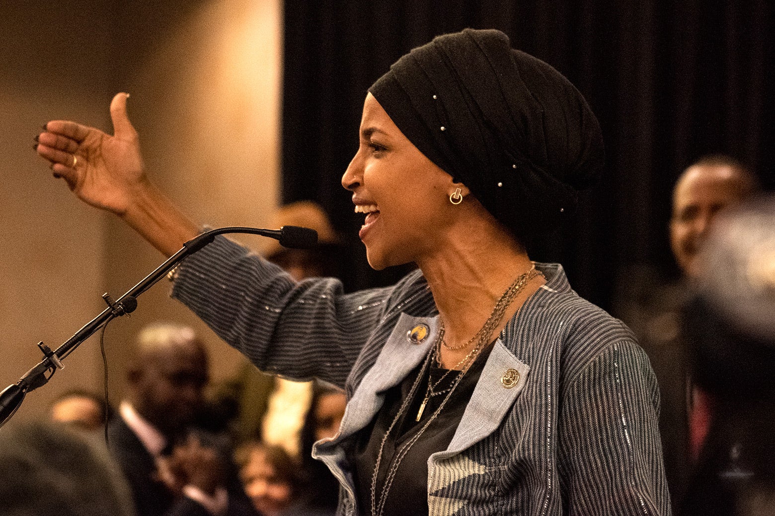 Ilhan Omar speaks at an election night results party in Minneapolis. 