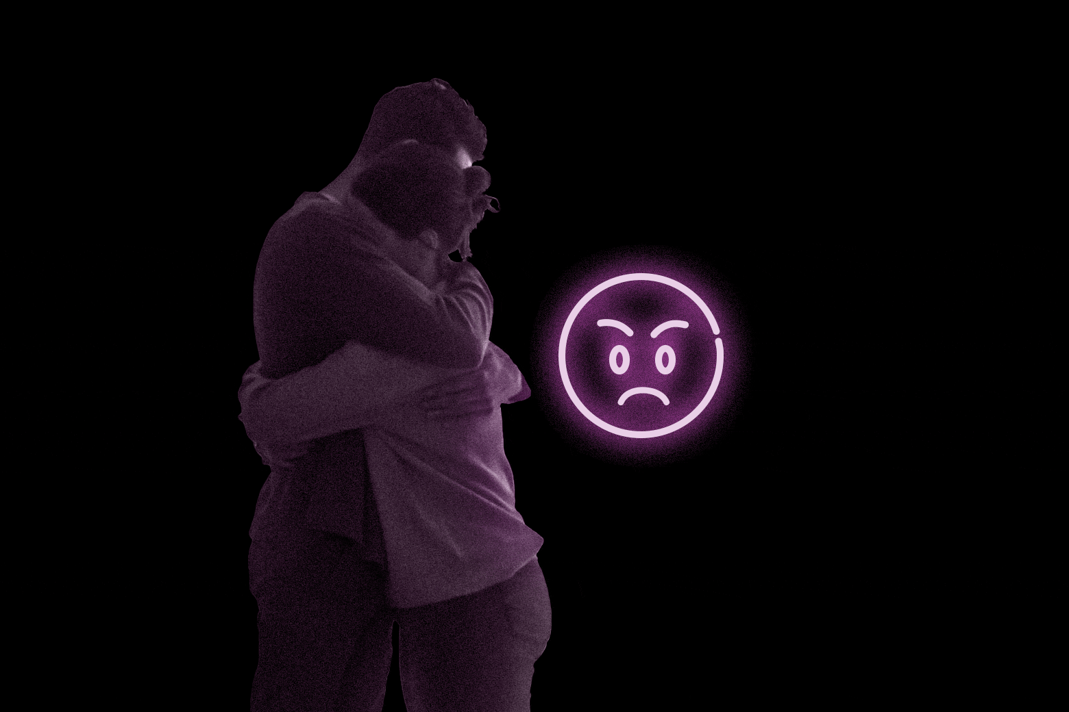 A man and woman hugging each other with a floating shocked and angry emoji next to them.