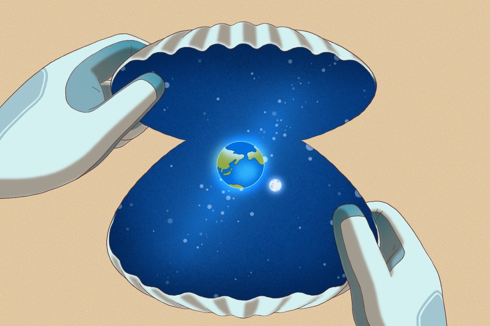 Astronaut suit hands are holding an oyster open to reveal the pearl is Earth.