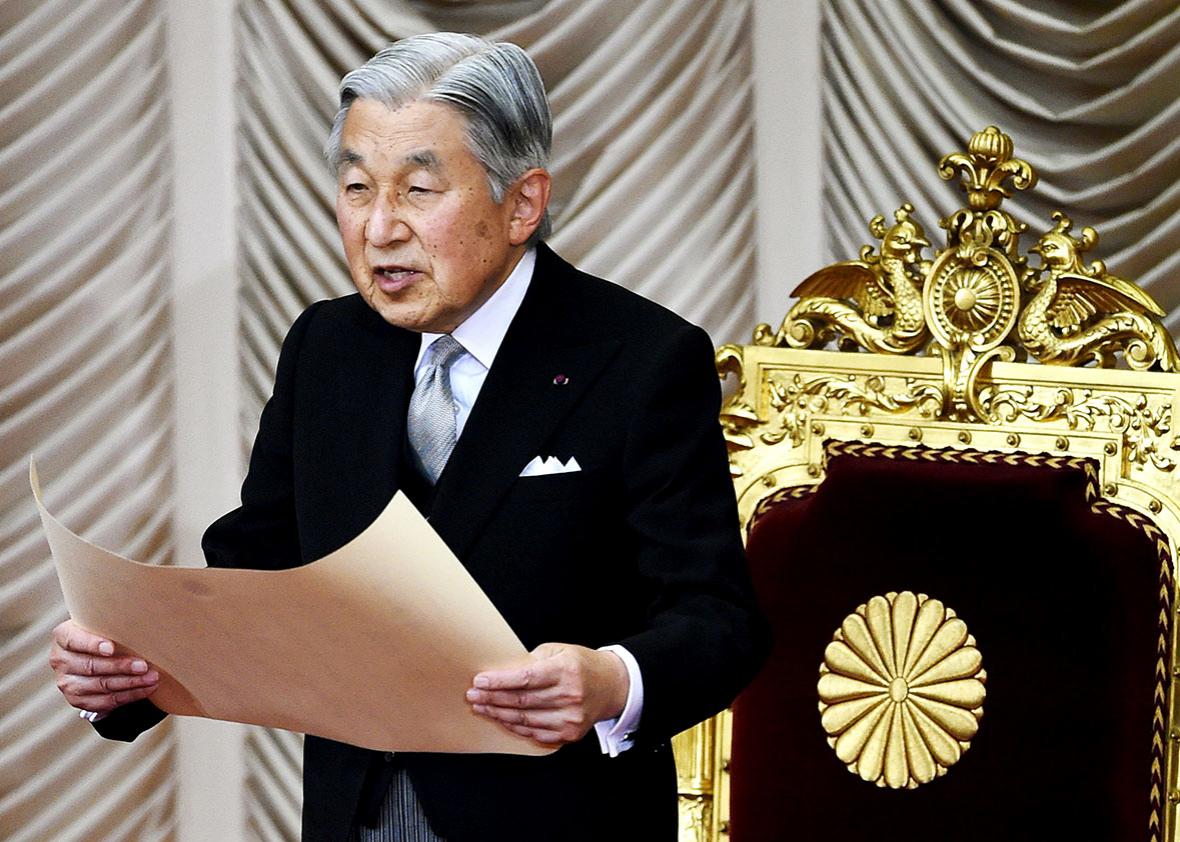 Japanese Emperor Akihito delivers his opening address for the extraordinary Diet session at the National Diet in Tokyo on August 1, 2016.