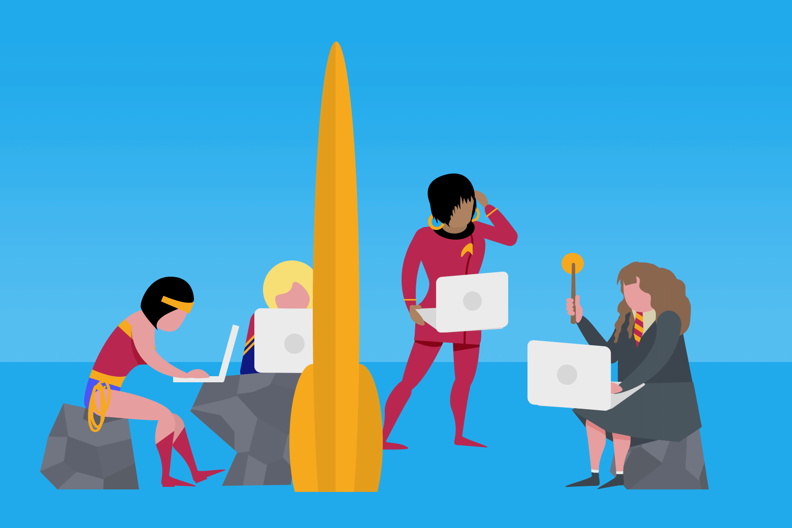 Illustration of Hermione, Captain Marvel, Wonder Woman, and Uhura working on computers.
