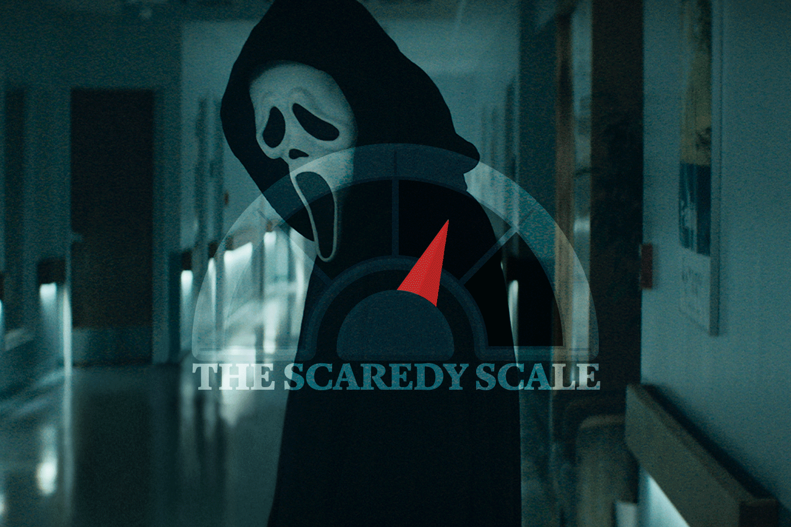 A still shows a figure standing in a long hallway, in the infamous ghostface mask and black robe. Over it, a twitching meter and the words "The Scaredy Scale"