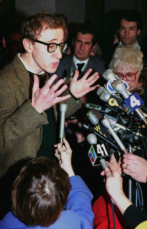 Woody Allen speaks to reporters after a pre-trial hearing in December 1992 during his custody fight with ex-wife Mia Farrow.