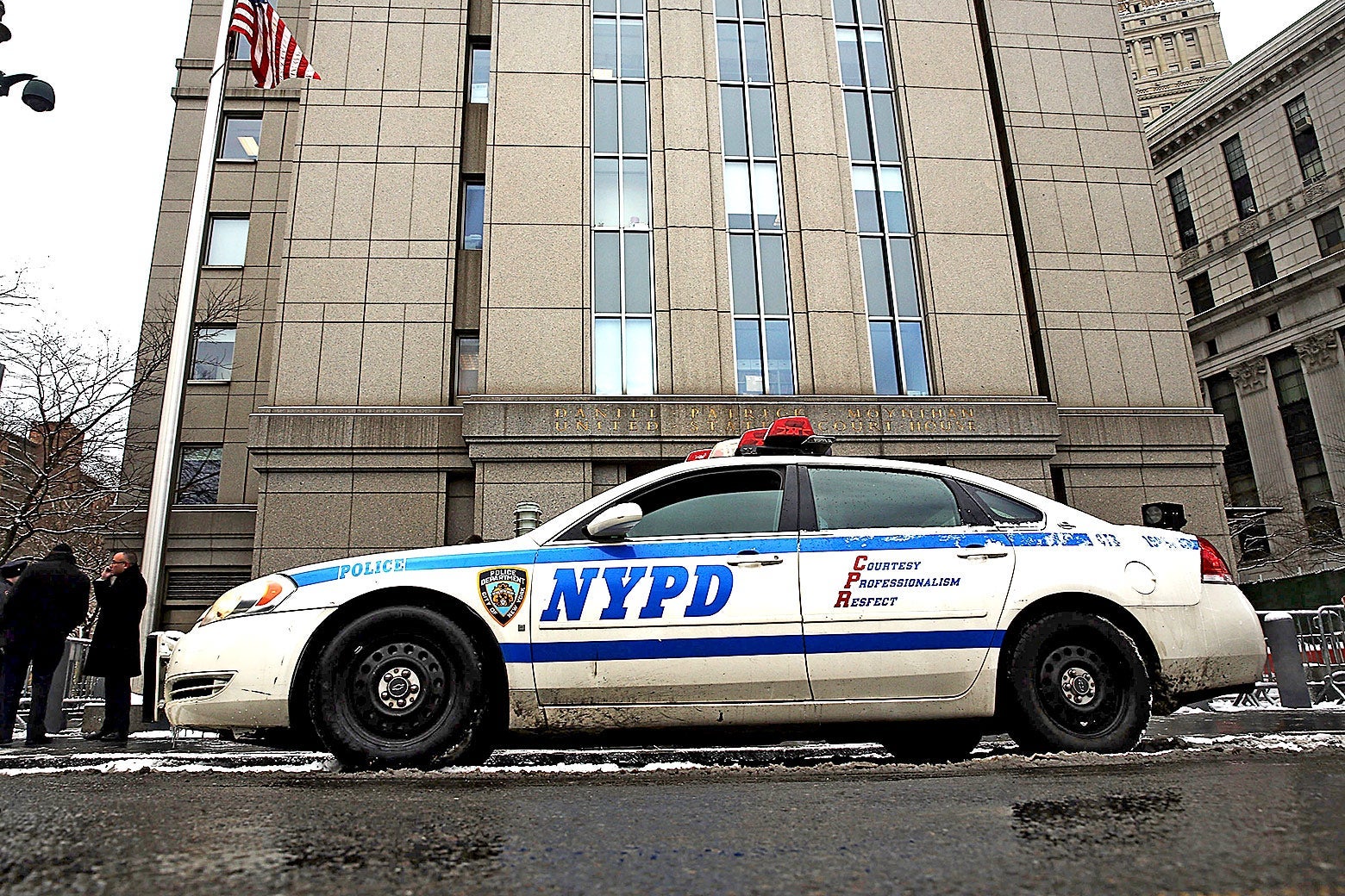 Police patrol outside of a Manhattan courthouse on Jan. 9, 2015 in New York City.