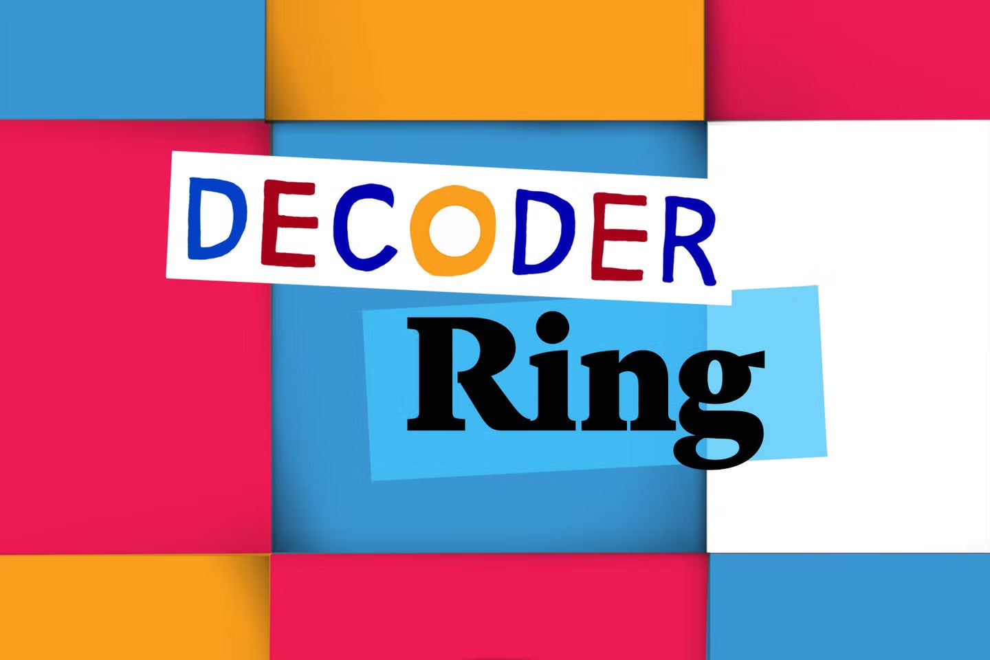 The words "Decoder Ring" against a background of pink, clementine, white, and blue squares.