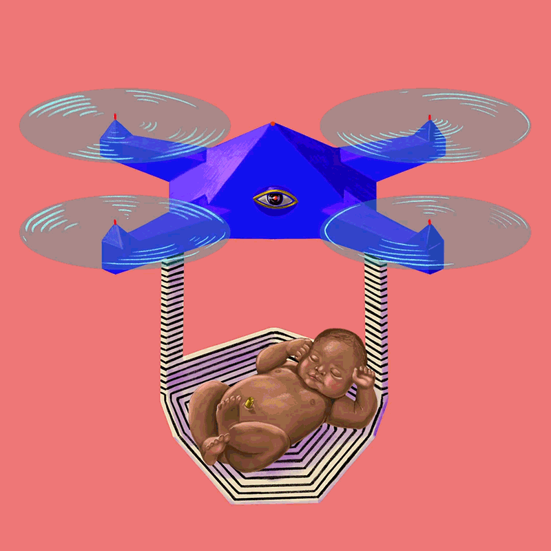 A drone holding a baby.