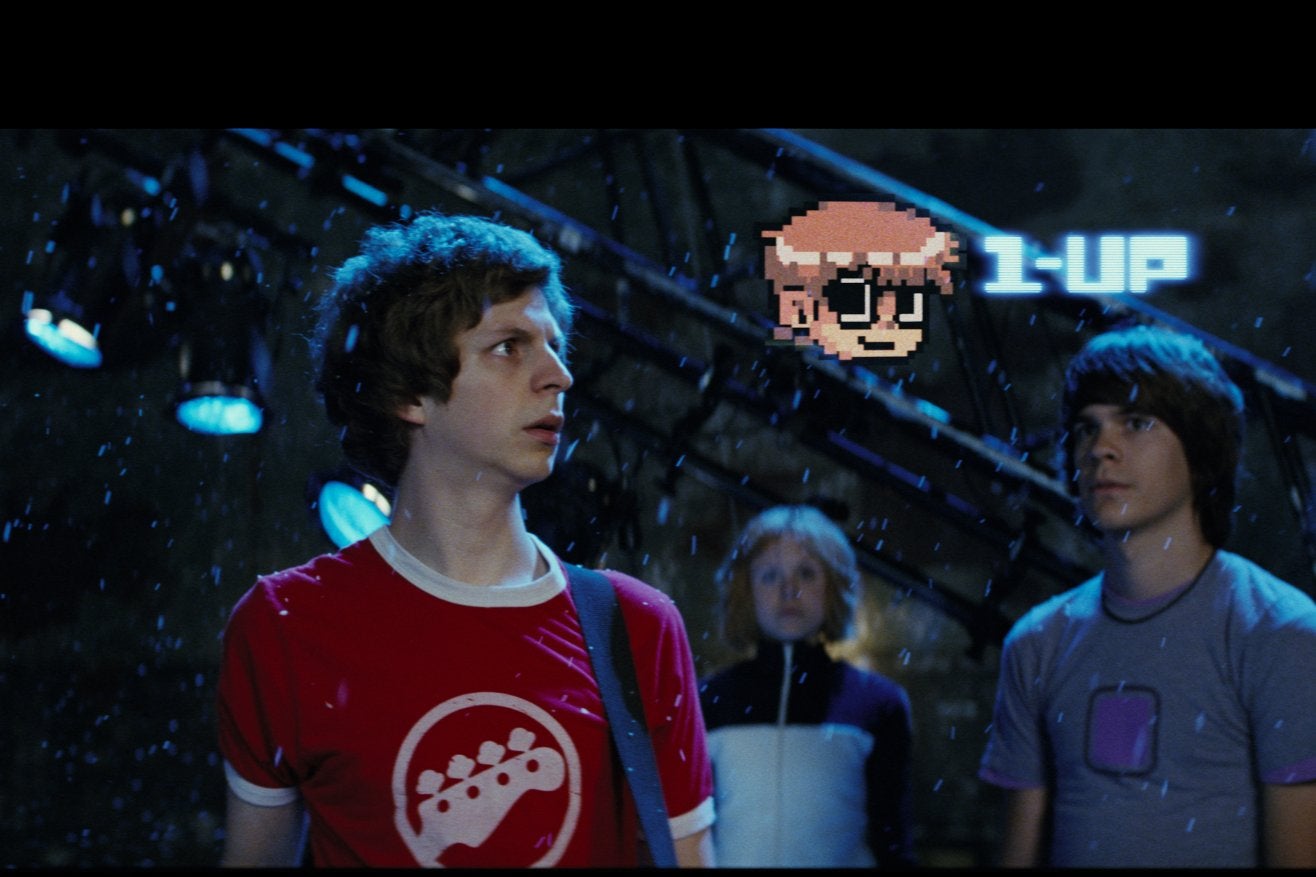 Michael Cera, Alison Pill, and Johnny Simmons in Scott Pilgrim vs. the World.