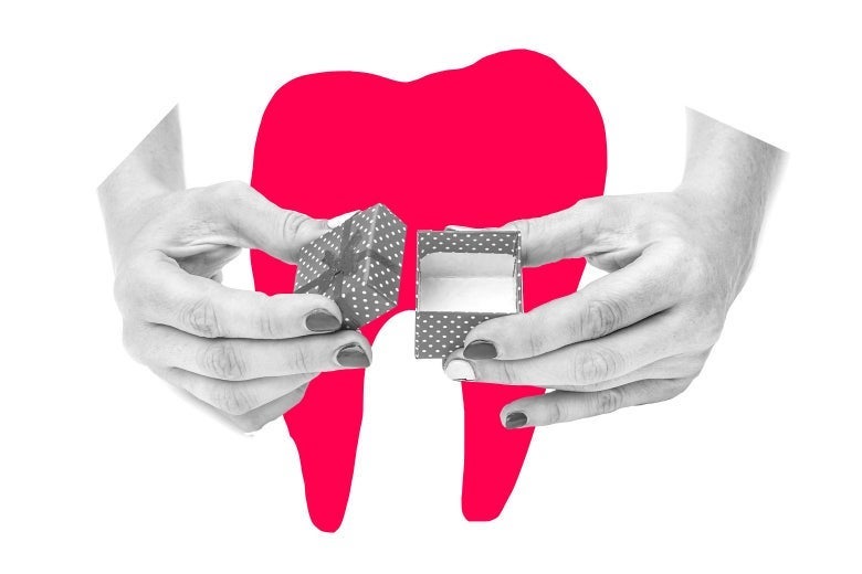 Illustration of two hands holding a box in front of an illustrated tooth. 
