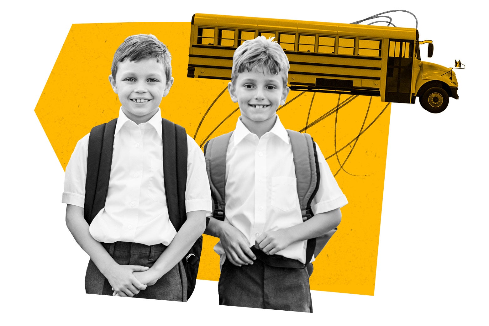 Collage of two boys wearing school uniforms in front of a school bus