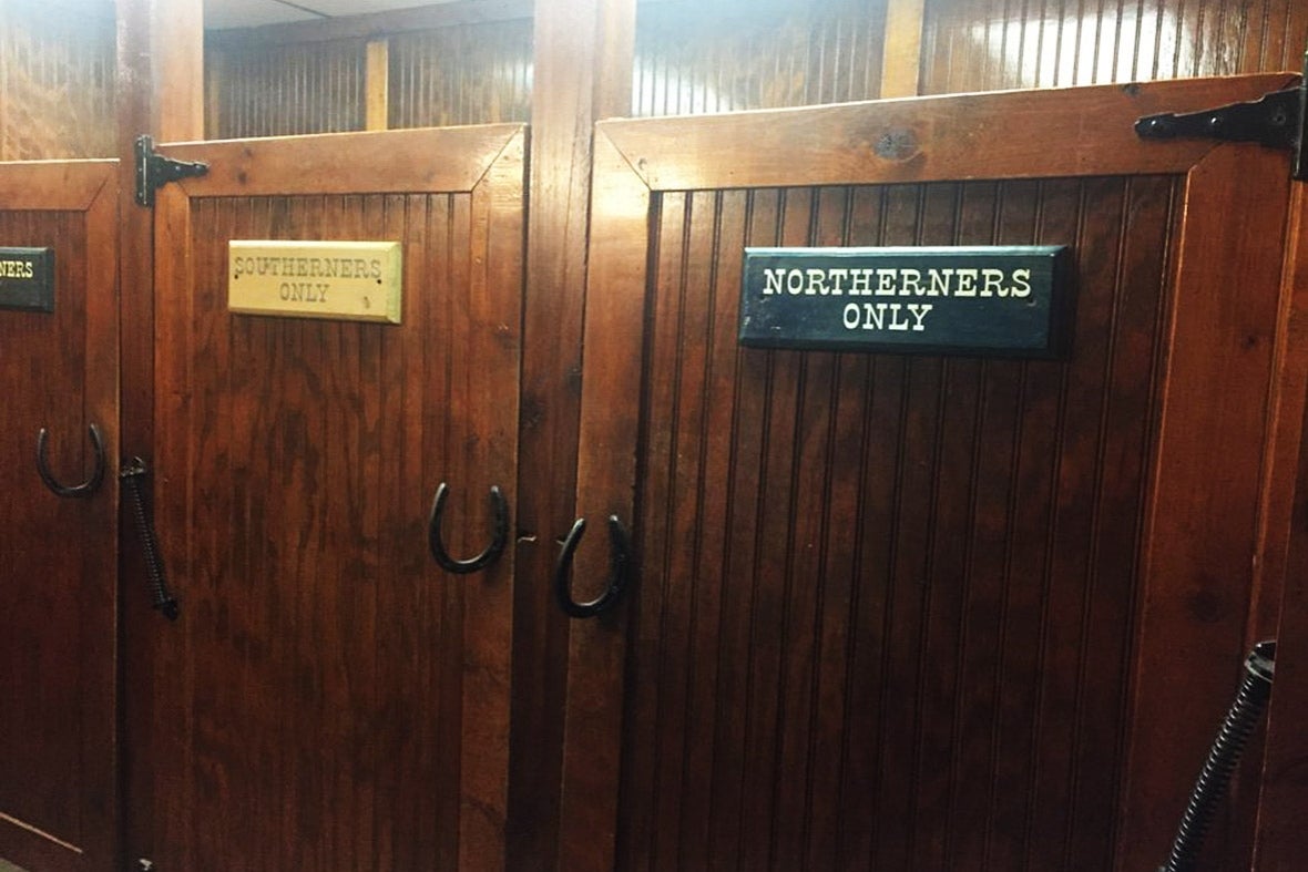 The bathroom stalls of Dolly's Dixie Stampede in 2017.
