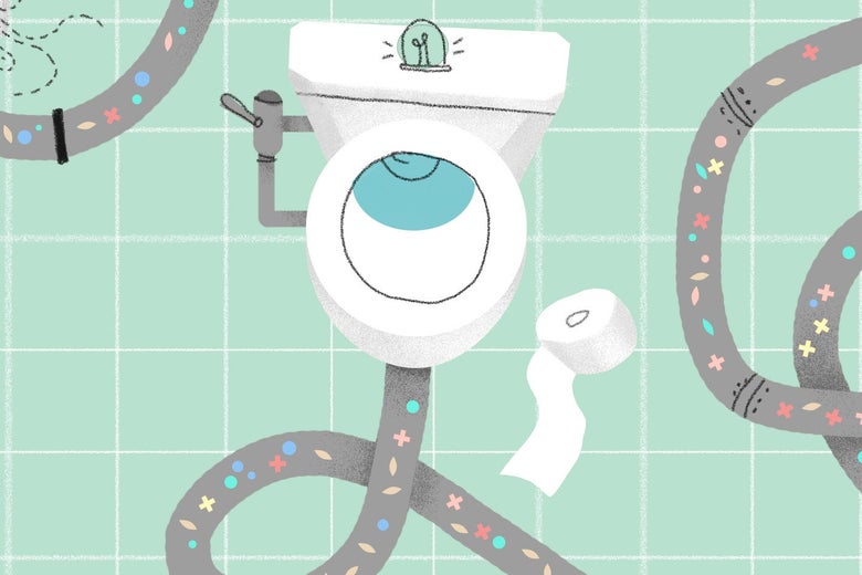 An illustration of a toilet and pipes, with multicolored icons in the pipes.