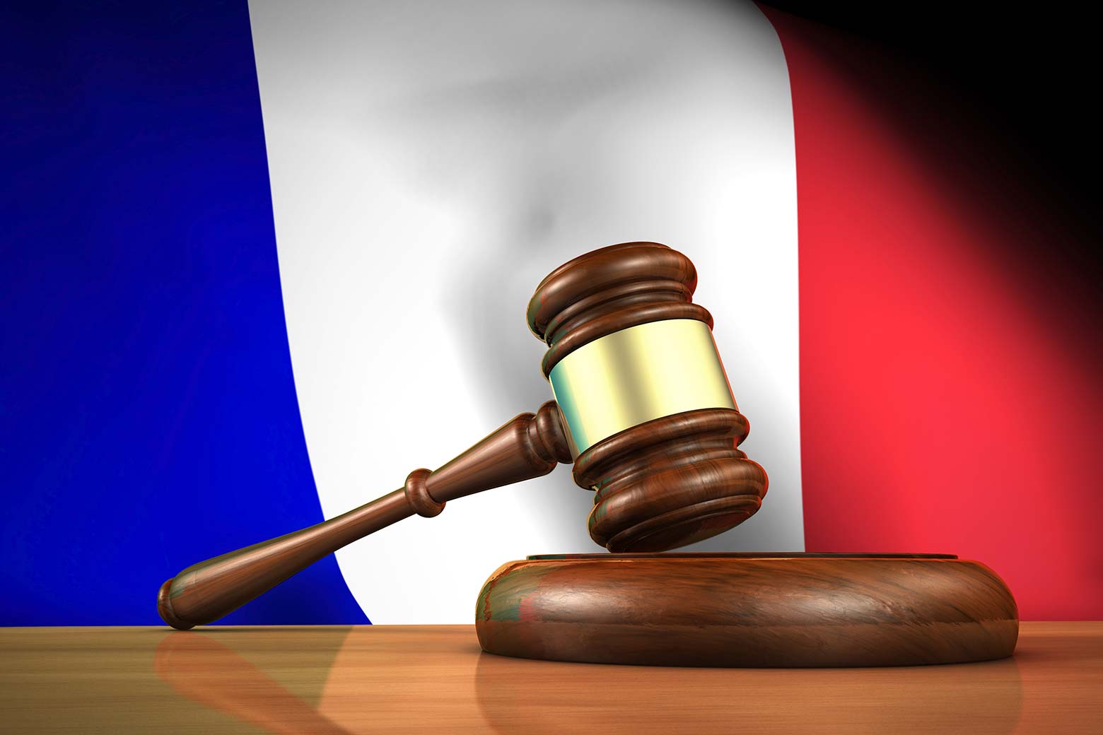 A gavel in front of the French flag.