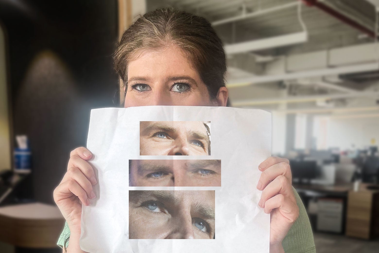 The author, who is wearing lots of eye makeup, holds a collage of photos of J.D. Vance's eyes over the lower half of her face. 