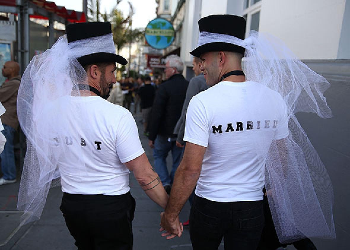 Same-sex marriage supporters wear just married shirts while celebrating the U.S Supreme Court ruling regarding same-sex marriage on June 26, 2015 in San Francisco, California. 