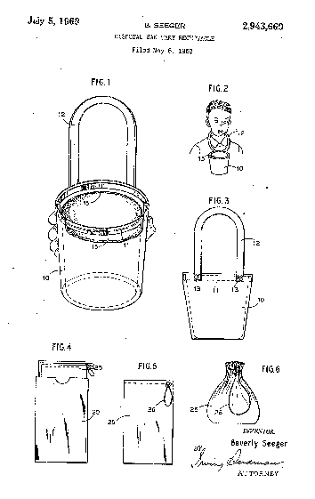 U.S. patent sketch for a deodorizing motion-sickness bag, 1959.  