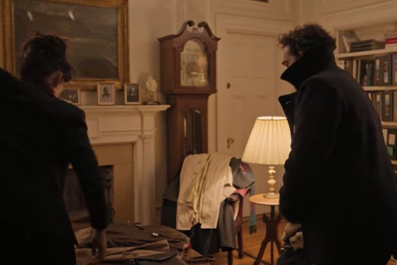 Dr. Kim and Bill put on their coats at a party in the room where everyone left their coats.