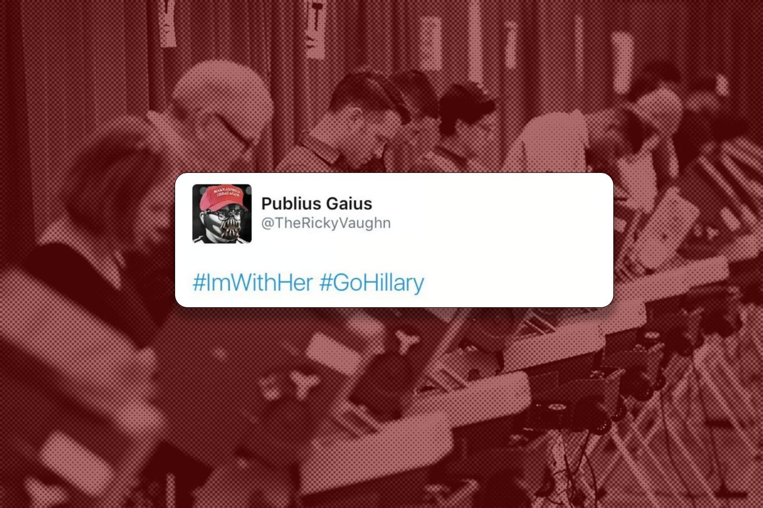 People casting ballots overlaid with the @TheRickyVaughn tweet "#ImWithHer #GoHillary."