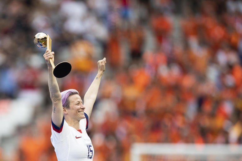 LYON, FRANCE - JULY 07: Megan Rapinoe of the USA poses with the Golden Ball trophy after the 2019 FIFA Women's World Cup France Final match between The United States of America and The Netherlands at Stade de Lyon on July 07, 2019 in Lyon, France. (Photo by Alex Grimm/Getty Images)