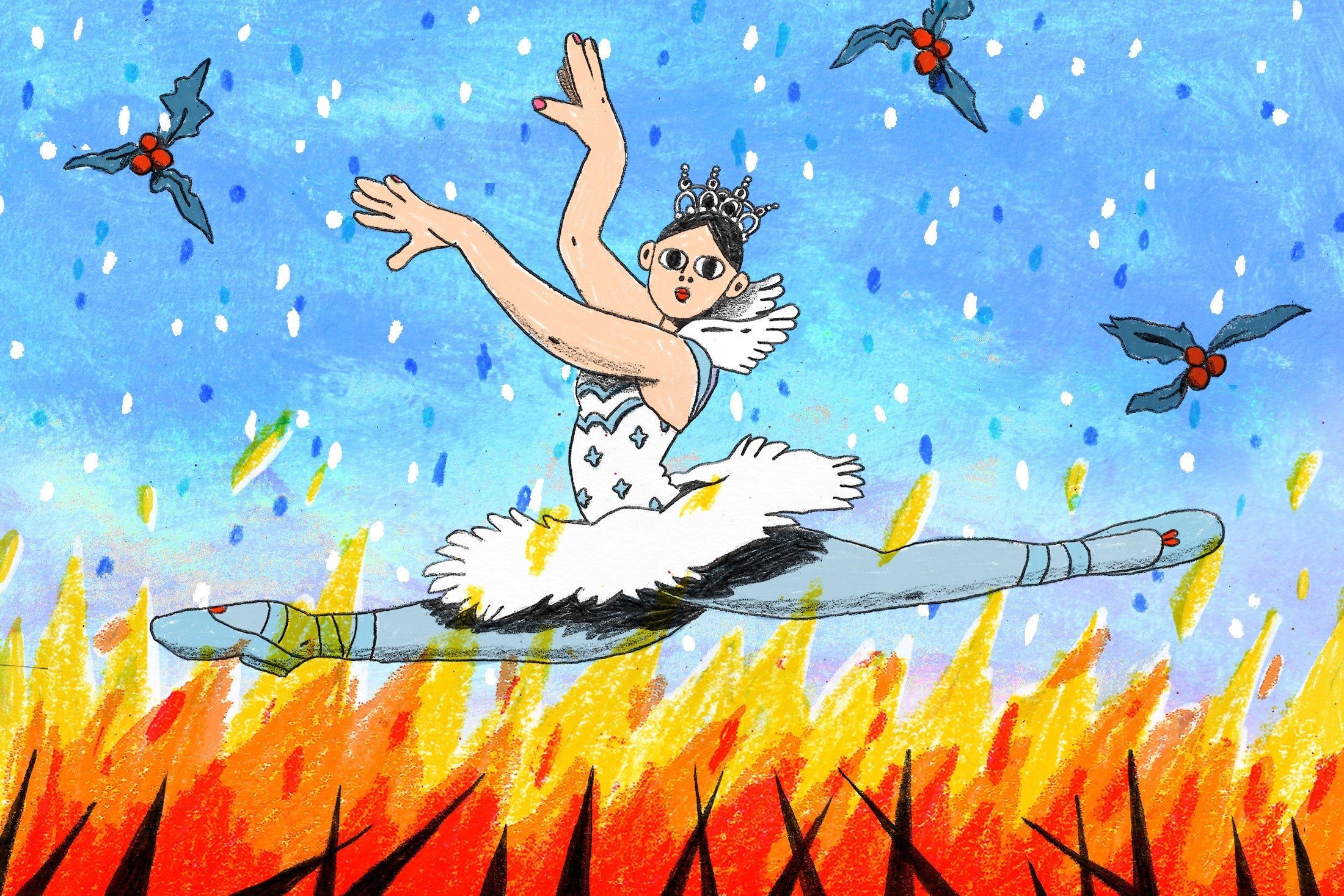 Illustration of a ballerina dancing above flames and beneath snow and mistletoe.
