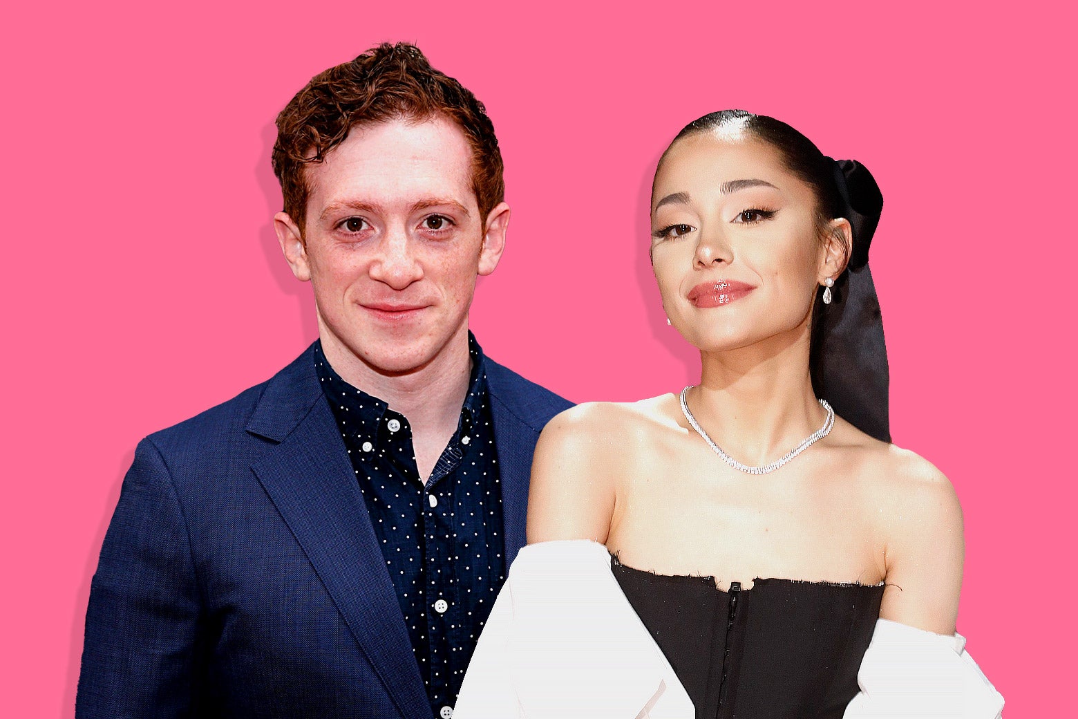 Ariana Grande and Ethan Slater on a pink background. 