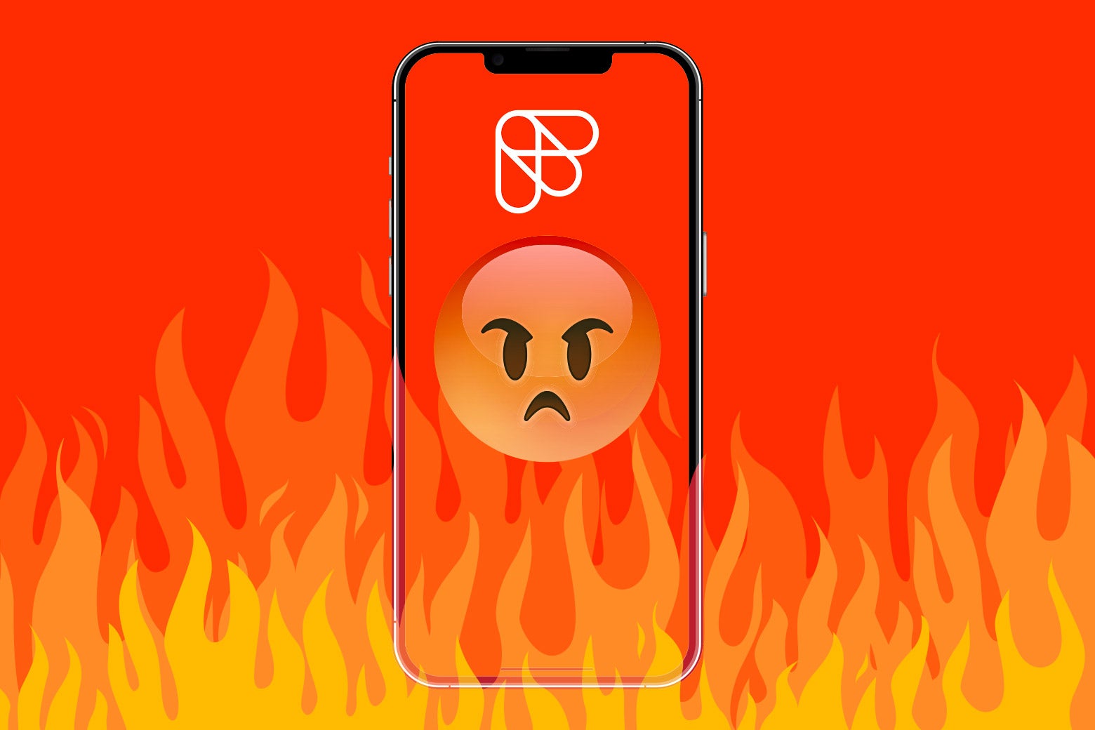 The Feeld app interface on a phone with an unhappy face and flames in the background. 